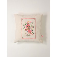 Flora Panther Çiçekli Pembe Kaplan Keten Kırlent Kılıfı 45X45 cm