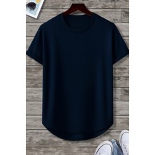 Erkek Lacivert Bisiklet Yaka Oval Etek Salaş %100 Pamuk Basic T-Shirt