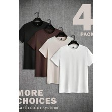 Erkek 4'lü Paket Siyah-Kahverengi-Beyaz-Taş Slim Fit Dar Kesim %100 Pamuk Bisiklet Yaka Tişört