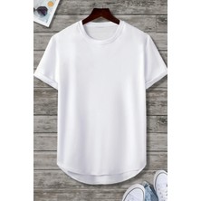 Erkek Beyaz Bisiklet Yaka Oval Etek Salaş %100 Pamuk Basic T-Shirt