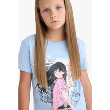 DeFacto Bisiklet Yaka Anime Baskılı Kısa Kollu Tişört Kız Çocuk E0351A825SM