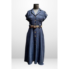 Kadın Yakalı Düşük Omuz Çift Cepli Kemerli Keten Efektli Elbise