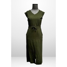 Kadın V Yaka Bluz Beli Lastikli Cepli Önü Yırtmaçlı Etek 2'li Takım