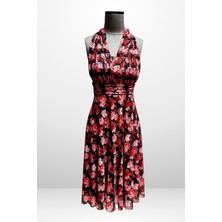 Kadın Boyundan Bağlamalı Astarlı Küçük Çiçekli Elbise