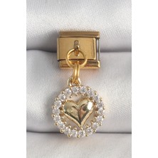 316L Çelik Gold Renk Sallantı Zirkon Taşlı Kalp Model Nomination Charm