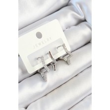 Pirinç Zirkon Taşlı Yıldız Model Gümüş Renk 3'lü Çift Kadın Küpe Set