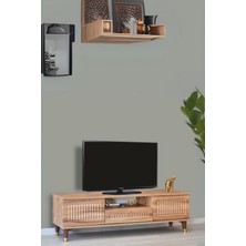 Neva Mobilya Mindy TV  Sehpası Atlantik Çam 2 Kapaklı 1 Çekmeceli Gold Halkalı Kulplu 160x36x50 Cm