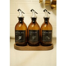 Home Meftune Oval Ahşap Stantlı Amber Zeytinyağı Limon Suyu Sirke Şişesi Yağdanlık 3lü Set 300ML