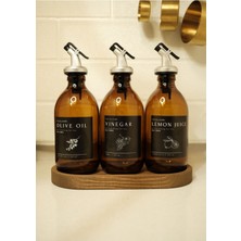 Home Meftune Oval Ahşap Stantlı Amber Zeytinyağı Limon Suyu Sirke Şişesi Yağdanlık 3lü Set 300ML