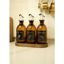 Home Meftune Oval Ahşap Stantlı Amber Zeytinyağı Limon Suyu Sirke Şişesi Yağdanlık 3lü Set 300ML