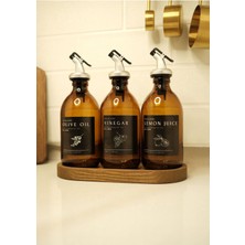 Home Meftune Oval Ahşap Stantlı Amber Zeytinyağı Limon Suyu Sirke Şişesi Yağdanlık 3lü Set 300ML