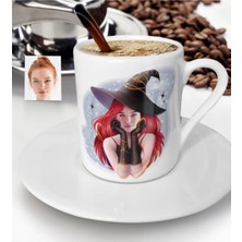 Kişiye Özel Bayan Cadı Karikatürlü Renkli Türk Kahvesi Fincanı-2