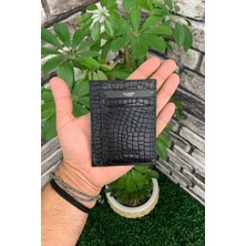 Derije Hakiki Deri Siyah Texas Baskı Unisex Ince Kartlık (T365)