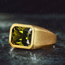 925 Ayar Gümüş Altın Kaplama Yeşil Peridot Olivin Taşlı Sade Erkek Yüzük