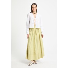 Yağ Yeşili Çizgili Poplin Beli Lastikli Astarsız Uzun Etek 29277