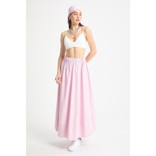 Pembe Çizgili Poplin Beli Lastikli Astarsız Uzun Etek 29277