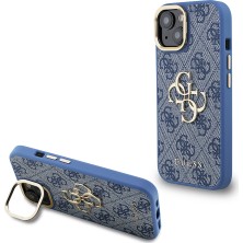 iPhone 15 Uyumlu Kılıf Guess Lisanslı Metal 4g ve Yazı Logolu Kamera Standlı Kapak Mavi