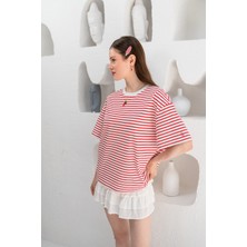Oversize Kısa Kollu Çizgili T-Shirt