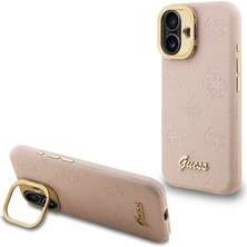 iPhone 16 Uyumlu Kılıf Guess Lisanslı M-Safe Şarj Özellikli Kamera Standlı Pu Deri Peony Kapak Pembe