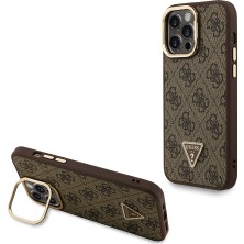 iPhone 14 Pro Max Uyumlu Kılıf Guess Lisanslı Üçgen Logo 4g Desenli Kamera Standlı Kapak Kahverengi