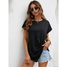 Kısa Kollu Asimetrik Kesim Bel Büzgü Düğüm Detay Viskon Bluz