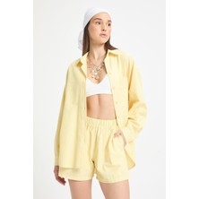 Sarı Beyaz Çizgili Oversize Gömlek/şort Alt-Üst Takım 27381