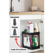 Iki Katlı Siyah Lavabo Altı Düzenleyici Tekerlekli Raf