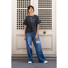 Kadın Yırtık Detaylı Bol Paça Jean Pantolon – Vintage Yüksek Bel Denim