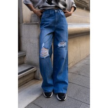 Kadın Yırtık Detaylı Bol Paça Jean Pantolon – Vintage Yüksek Bel Denim