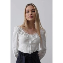 Bisiklet Yaka Bluz Beyaz