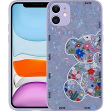 iPhone 11 Uyumlu Desenli Sert Silikon Tknc Mumila Kapak-Lilac Bear