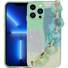 iPhone 13 Pro Max Uyumlu Simli Desenli El Askılı Tutacaklı Tknc Elsa Silikon Kapak-Yeşil