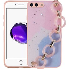 iPhone 7 Plus Uyumlu Simli Desenli El Askılı Tutacaklı Tknc Elsa Silikon Kapak-Pembe