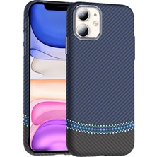 iPhone 11 Kılıf Magsafe Şarj Özellikli Karbon Fiber Görünümlü Tknc Gros Kapak - Siyah-Lacivert