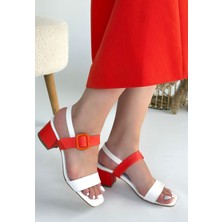 Turuncu Detaylı Önü Açık Kemerli Turuncu Topuklu Ayakkabı Cilt Beyaz Topuk Boyu 5,5 cm