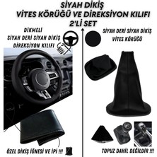 Kia Rio Uyumlu Dikişli Siyah Deri Oto Direksiyon Kılıfı ve Vites Körüğü  2'li Set