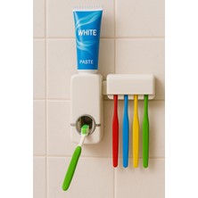 Beyaz Duvara Monte Otomatik Diş Macunu Sıkacağı ve Fırça Tutucu Seti (5’li)