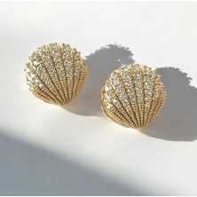 Nesly Accessories Büyük Boy Vip Seri Istiridye Model Zirkon Taşlı Çift Taraflı Küpe
