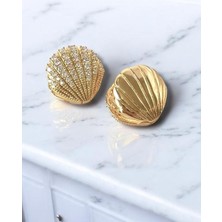 Nesly Accessories Büyük Boy Vip Seri Istiridye Model Zirkon Taşlı Çift Taraflı Küpe