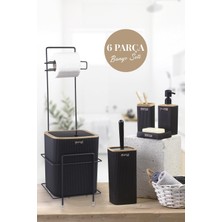Şık Siyah Kare Banyo Seti, 6 Parça, Standlı Wc Kağıtlık ile Modern Dekor