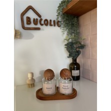 Turuncu 2’li Ahşap Kapaklı Cam Pamukluk Seti, Vintage Etiket, Orta Boy Stand