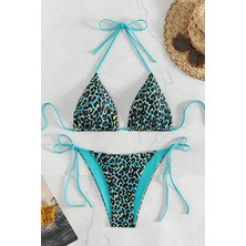 Basic Leopar Bağcıklı Bikini - Mavi