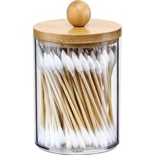 Bambu Kapaklı Şeffaf Cam Kavanoz Seti, Pamuk, Diş Ipi, Makyaj Fırçası, Beyaz