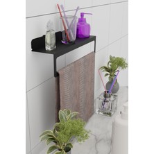 Siyah Güçlü Yapışkanlı Metal Raflı Havlu Askısı, Pratik ve Dayanıklı Tasarım