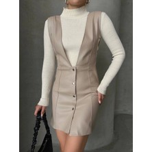 Zarif Kadın Deri Jile Elbise Bej W24796