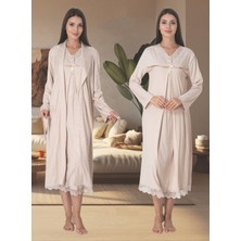 Dvina Effortt Lohusa Sabahlıklı Gecelik Takımı Bej - 4035