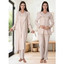 Dvina Effortt Lohusa Sabahlıklı Pijama Takımı Bej - 4034