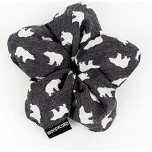 Woodycord El Yapımı Gri Kutup Ayısı Desenli Pofuduk Scrunchie Toka