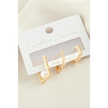 3 Adet Dikdörtgen Inci Zirkon Taşlı Küpe