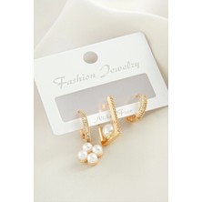 3 Adet Çiçek Inci Zirkon Taşlı Küpe